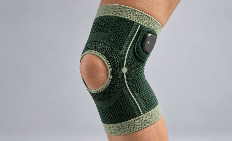 Solum Knee: a green knitted knee sleeve with a small sensor core on the side