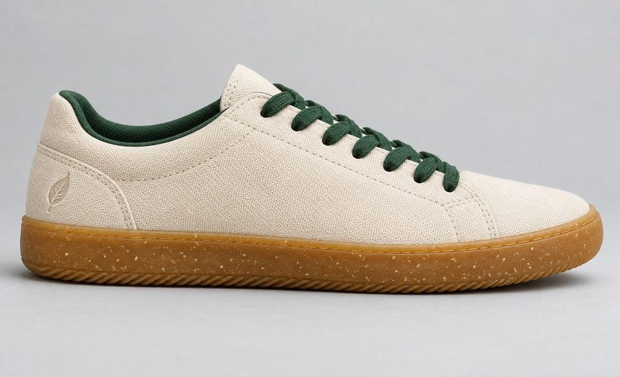Solum Shoe: an off-white cotton canvas sneaker with a honey-coloured natural rubber sole