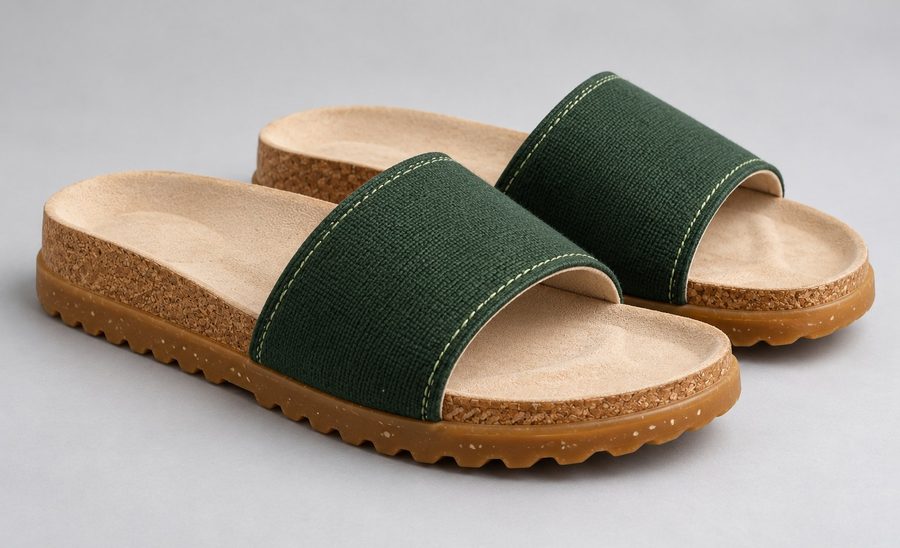 Solum Slide: home slides with a cork footbed and a deep green cotton strap
